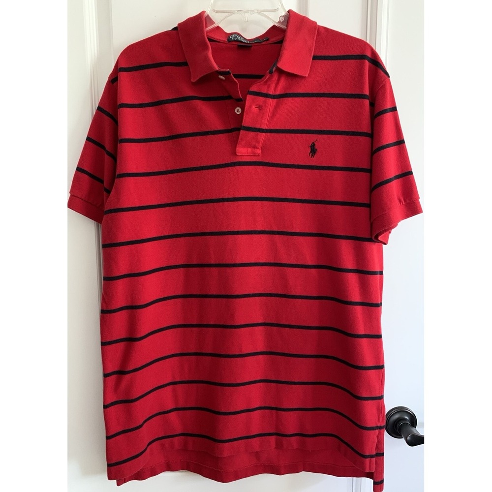 Vintage Ralph Lauren Men's LG Red/Navy Blue Striped Polo Shirt Short Sleeve